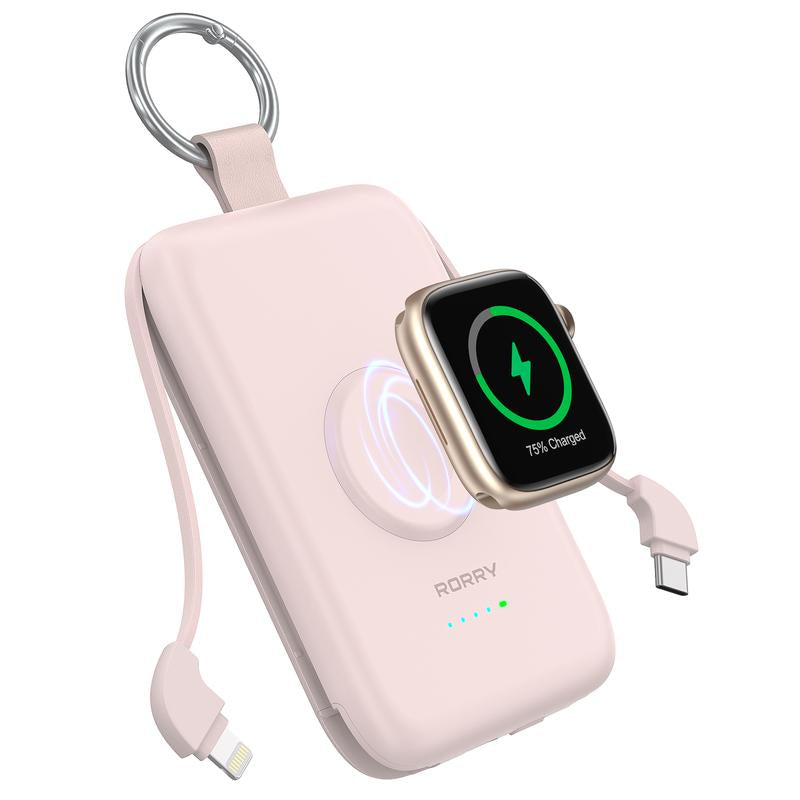 RORRY Portable Charger 10000Mah PD 20W Fast Charging Multifunctional Power Bank with Built-In Cables for Apple Watch & Iphone Compact Keychain Design Gift Idea
