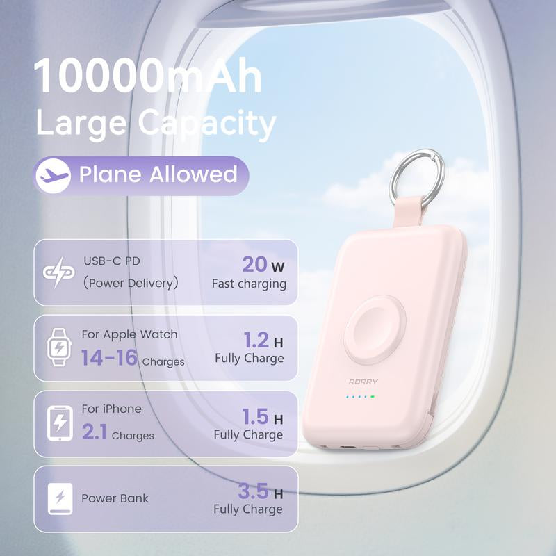 RORRY Portable Charger 10000Mah PD 20W Fast Charging Multifunctional Power Bank with Built-In Cables for Apple Watch & Iphone Compact Keychain Design Gift Idea