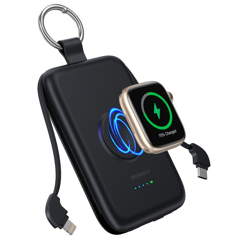 RORRY Portable Charger 10000Mah PD 20W Fast Charging Multifunctional Power Bank with Built-In Cables for Apple Watch & Iphone Compact Keychain Design Gift Idea