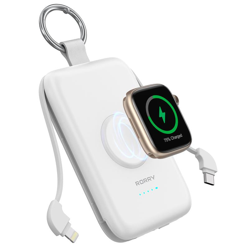 RORRY Portable Charger 10000Mah PD 20W Fast Charging Multifunctional Power Bank with Built-In Cables for Apple Watch & Iphone Compact Keychain Design Gift Idea