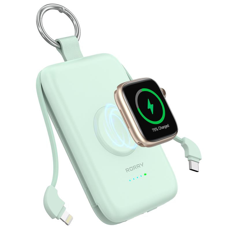 RORRY Portable Charger 10000Mah PD 20W Fast Charging Multifunctional Power Bank with Built-In Cables for Apple Watch & Iphone Compact Keychain Design Gift Idea