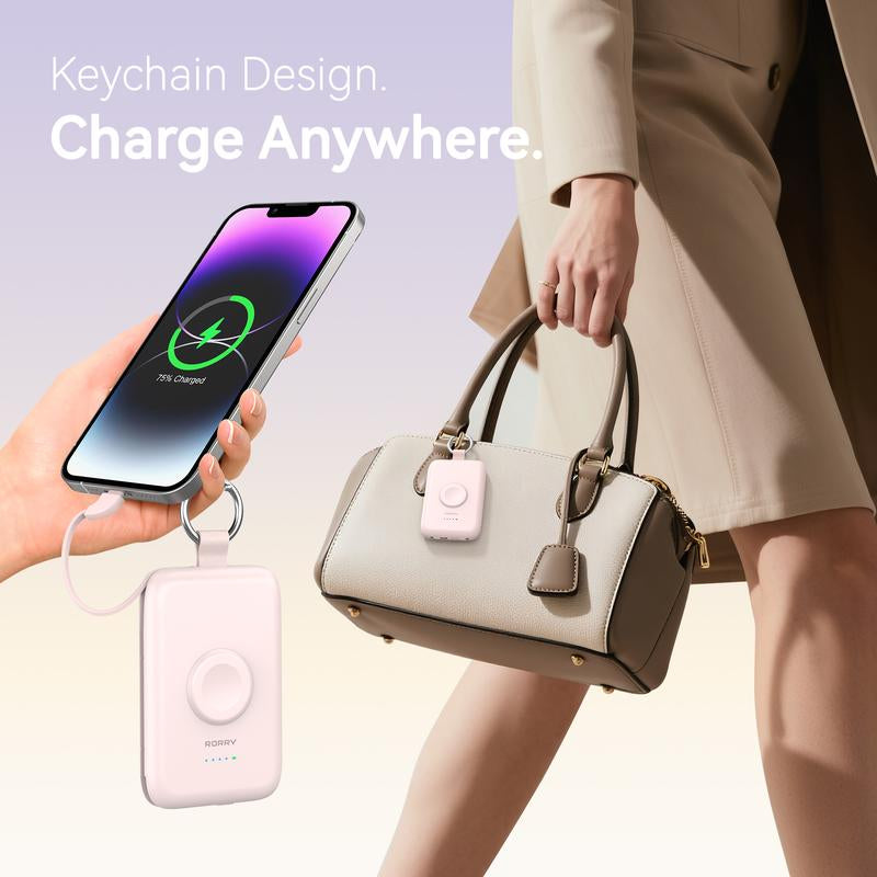 RORRY Portable Charger 10000Mah PD 20W Fast Charging Multifunctional Power Bank with Built-In Cables for Apple Watch & Iphone Compact Keychain Design Gift Idea