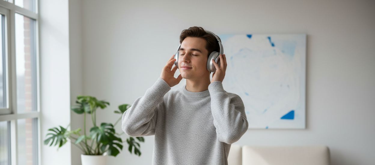 Man wearing headphones in a room with a plant and abstract painting on the wall.