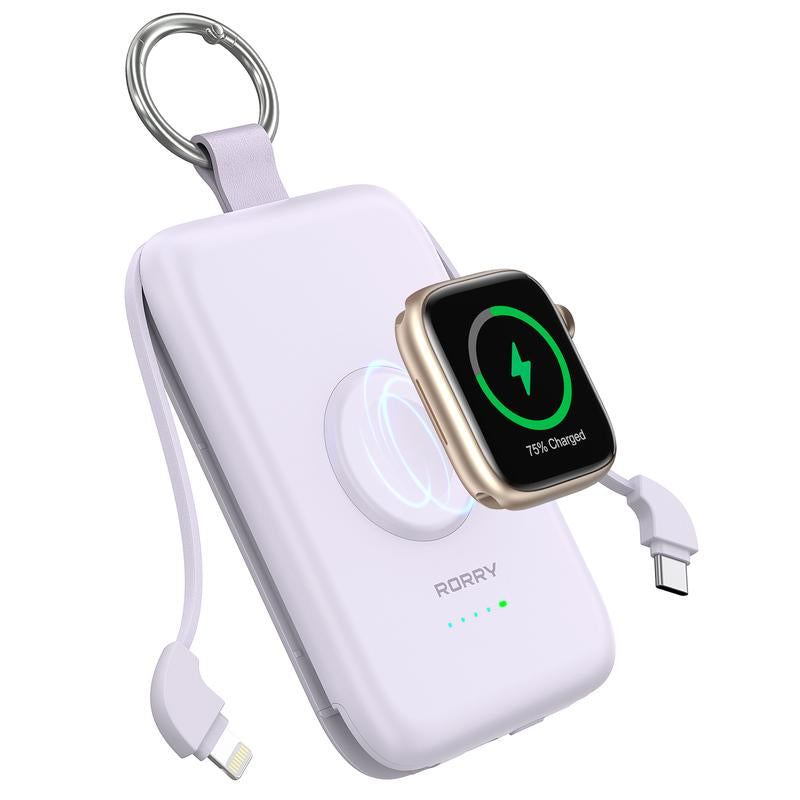 RORRY Portable Charger 10000Mah PD 20W Fast Charging Multifunctional Power Bank with Built-In Cables for Apple Watch & Iphone Compact Keychain Design Gift Idea