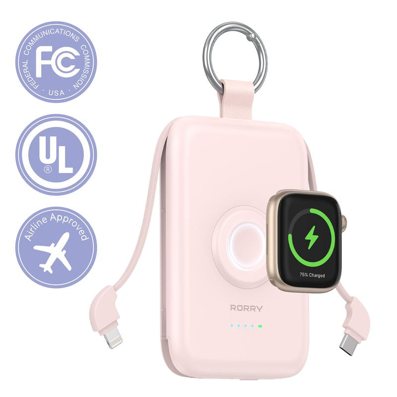 RORRY Portable Charger 10000Mah PD 20W Fast Charging Multifunctional Power Bank with Built-In Cables for Apple Watch & Iphone Compact Keychain Design Gift Idea
