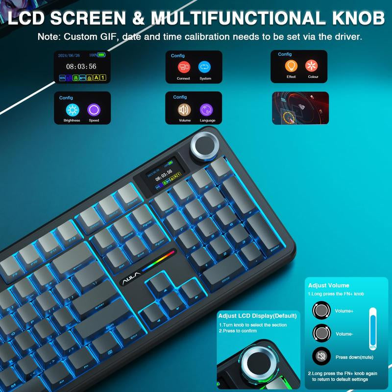 AULA F108 PRO Wireless Mechanical Gaming Keyboard - Full Size, 8000mAh Battery, RGB Backlit, Hot Swappable PBT Keycaps