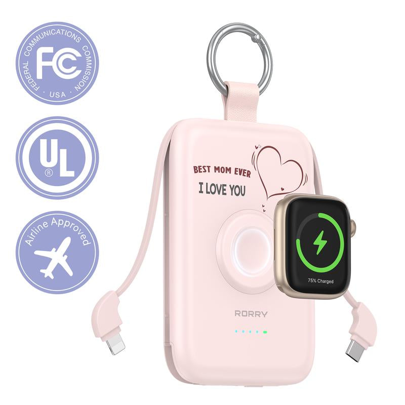 RORRY Portable Charger 10000Mah PD 20W Fast Charging Multifunctional Power Bank with Built-In Cables for Apple Watch & Iphone Compact Keychain Design Gift Idea