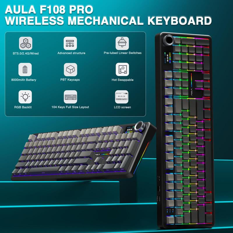 AULA F108 PRO Wireless Mechanical Gaming Keyboard - Full Size, 8000mAh Battery, RGB Backlit, Hot Swappable PBT Keycaps