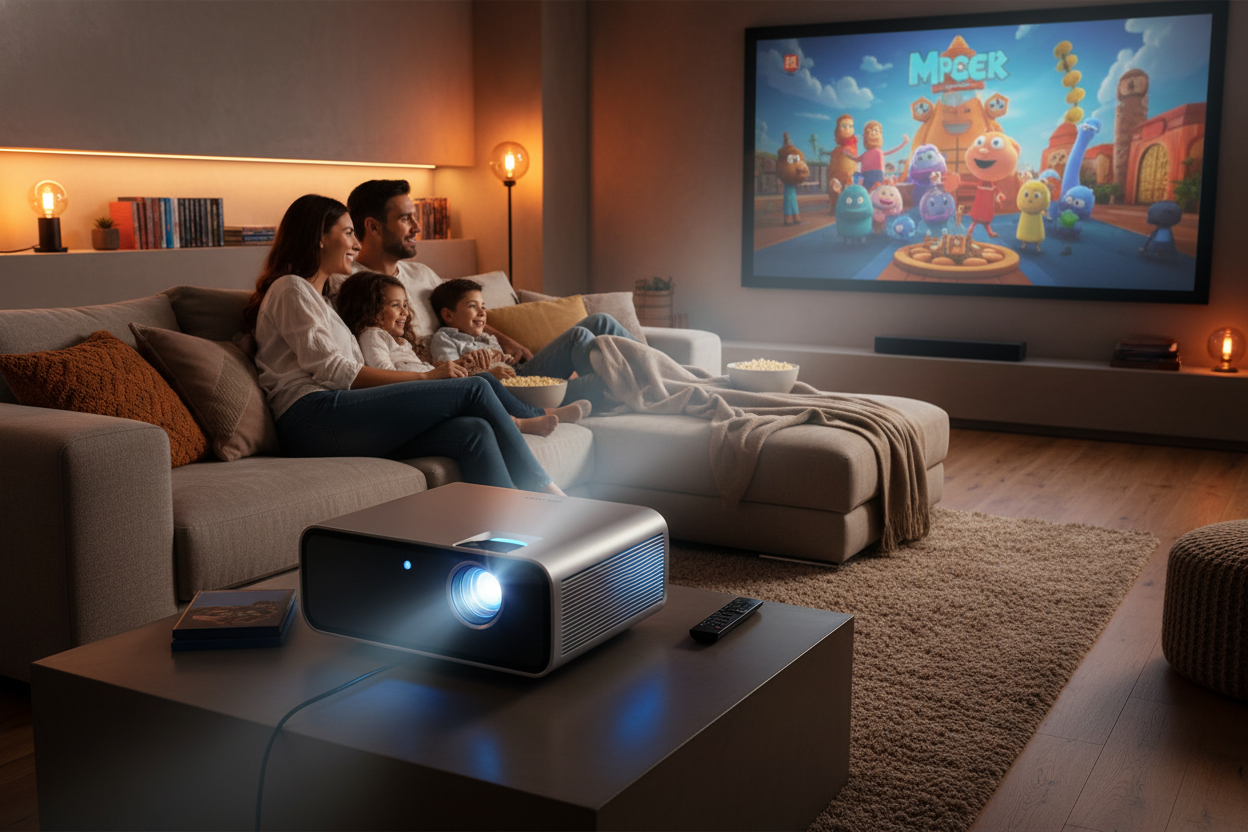 family watching a movie on a projector, make the projector stand out