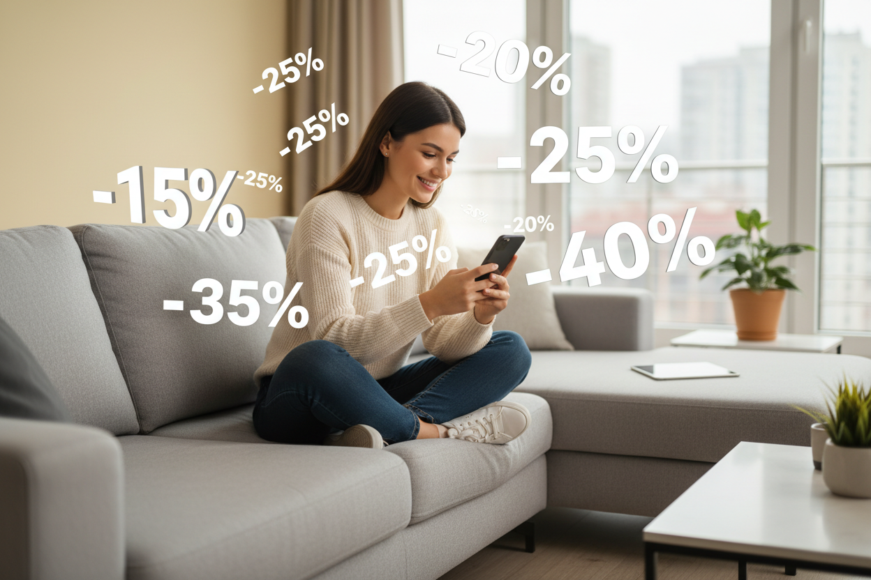 girl on her sofa, looking at her smartphone, smiling, while discount numbers float around her, numbers are white. discounts are 15, 20, 25, 30, 35, 40