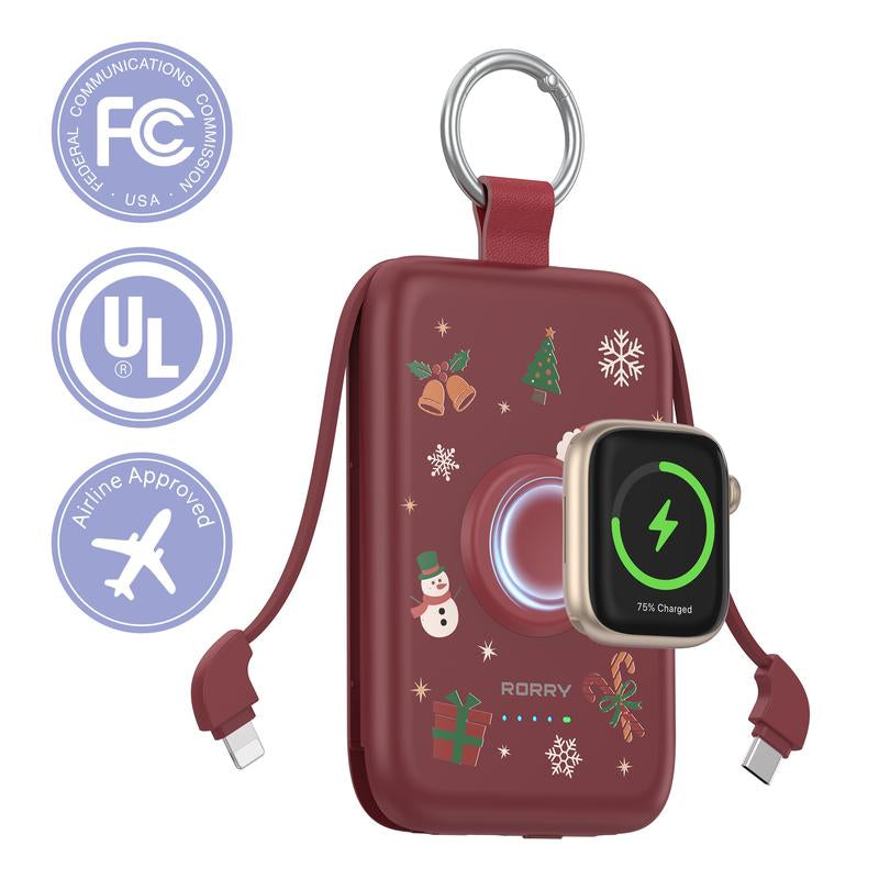 RORRY Portable Charger 10000Mah PD 20W Fast Charging Multifunctional Power Bank with Built-In Cables for Apple Watch & Iphone Compact Keychain Design Gift Idea