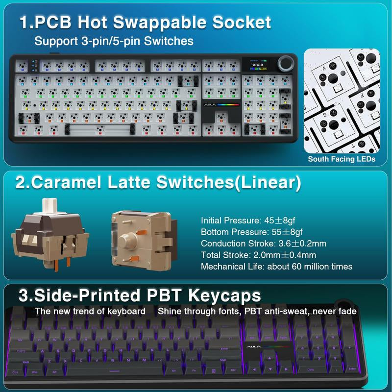 AULA F108 PRO Wireless Mechanical Gaming Keyboard - Full Size, 8000mAh Battery, RGB Backlit, Hot Swappable PBT Keycaps