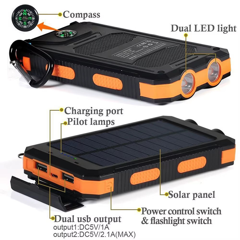 Orange Solar Power Bank 20000Mah Charging Portable Charger Phone External Battery with SOS Flashlight 2-USB Outdoor Power Bank