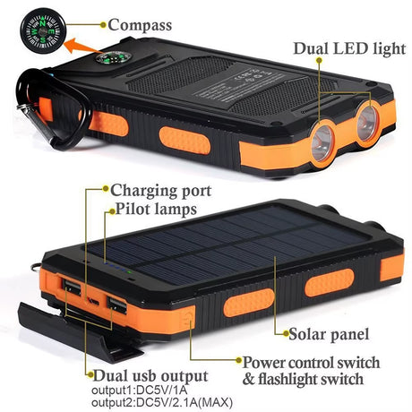 Orange Solar Power Bank 20000Mah Charging Portable Charger Phone External Battery with SOS Flashlight 2-USB Outdoor Power Bank