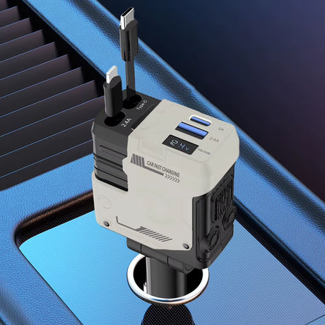 Compact 4-in-1 car charger with dual retractable cables