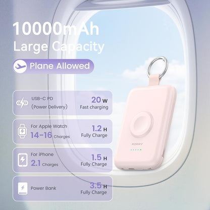 RORRY Portable Charger 10000Mah PD 20W Fast Charging Multifunctional Power Bank with Built-In Cables for Apple Watch & Iphone Compact Keychain Design Gift Idea