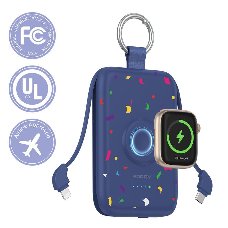 RORRY Portable Charger 10000Mah PD 20W Fast Charging Multifunctional Power Bank with Built-In Cables for Apple Watch & Iphone Compact Keychain Design Gift Idea