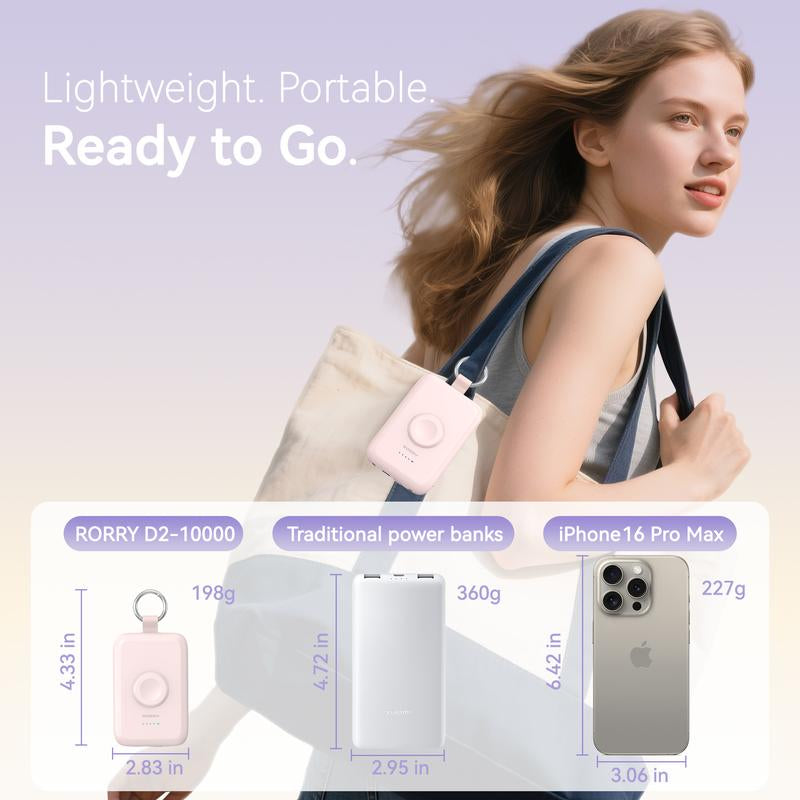RORRY Portable Charger 10000Mah PD 20W Fast Charging Multifunctional Power Bank with Built-In Cables for Apple Watch & Iphone Compact Keychain Design Gift Idea