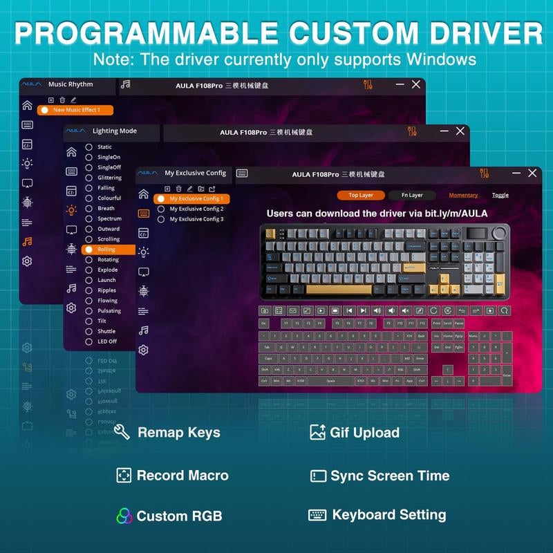 AULA F108 PRO Wireless Mechanical Gaming Keyboard - Full Size, 8000mAh Battery, RGB Backlit, Hot Swappable PBT Keycaps
