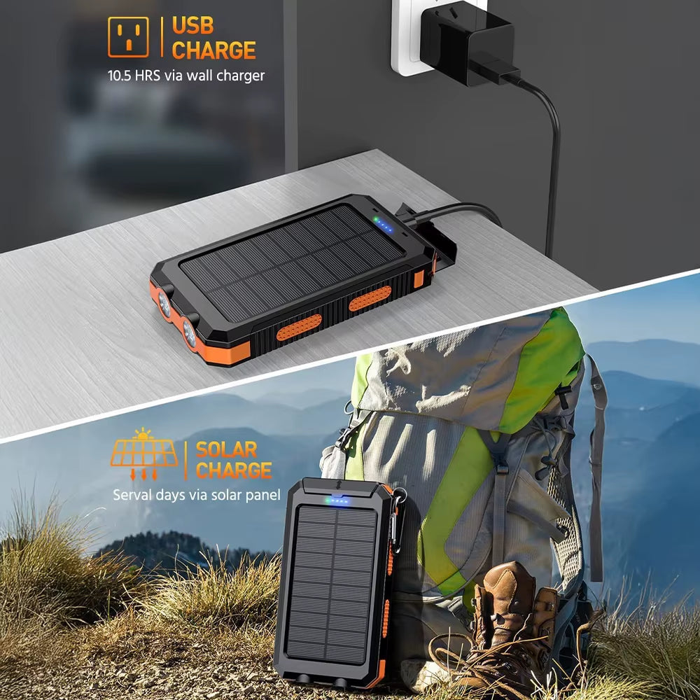 Orange Solar Power Bank 20000Mah Charging Portable Charger Phone External Battery with SOS Flashlight 2-USB Outdoor Power Bank