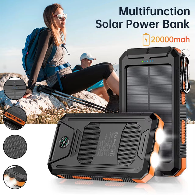 Orange Solar Power Bank 20000Mah Charging Portable Charger Phone External Battery with SOS Flashlight 2-USB Outdoor Power Bank