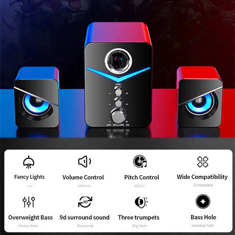 Computer Speakers System Stereo Bass Subwoofer for Desktop Laptop USB Wired Desktop PC Speaker with RGB LED Light 3.5Mm Jack