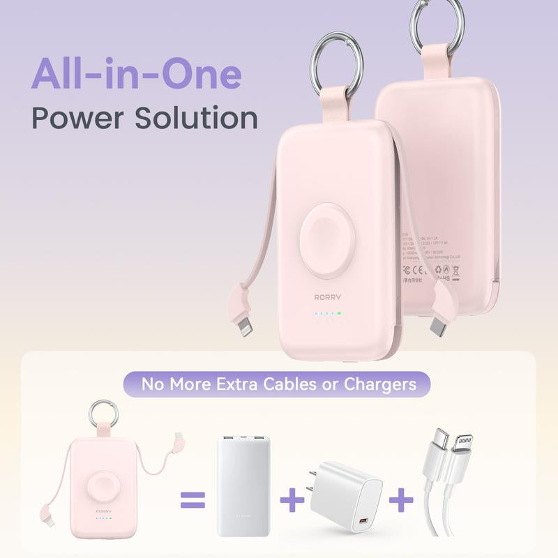 RORRY Portable Charger 10000Mah PD 20W Fast Charging Multifunctional Power Bank with Built-In Cables for Apple Watch & Iphone Compact Keychain Design Gift Idea