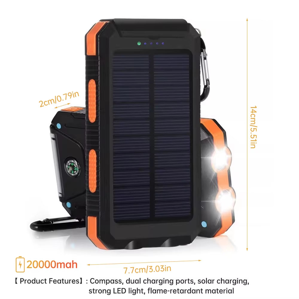 Orange Solar Power Bank 20000Mah Charging Portable Charger Phone External Battery with SOS Flashlight 2-USB Outdoor Power Bank