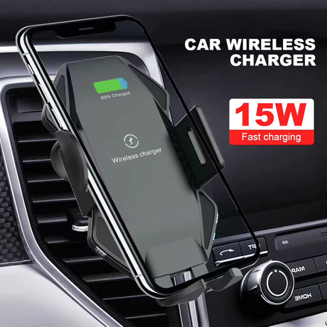 15W Fast Charging Phone Mount Wireless Car Charger Dashboard Phone Support Auto Clamping for Iphone 15 14 Samsung Galaxy S23 S22