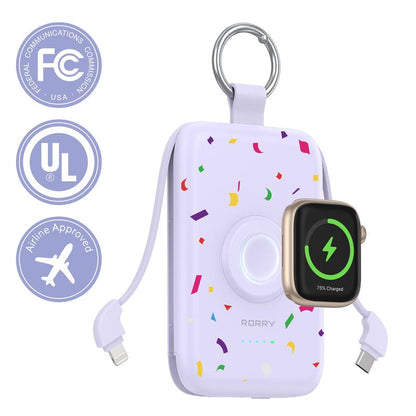 RORRY Portable Charger 10000Mah PD 20W Fast Charging Multifunctional Power Bank with Built-In Cables for Apple Watch & Iphone Compact Keychain Design Gift Idea
