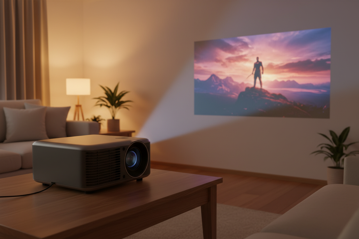 create a 4k image or at least the best resolution possible, with a modern home projector on a table displaying a movie on the wall from an angle