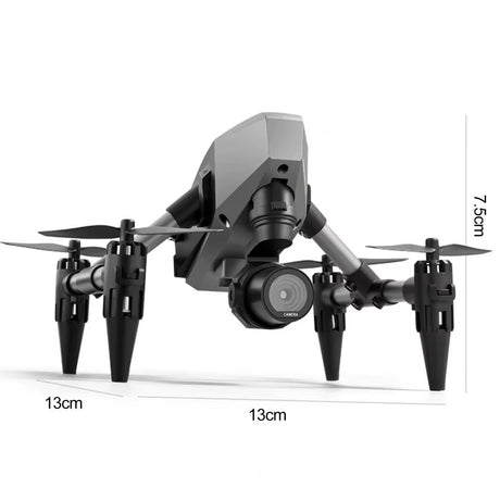 Drone size diagram showing 13×13×7.5 cm compact design