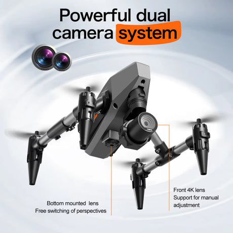 RC drone in flight showing dual camera, front 4K lens with manual adjustment, and bottom-mounted legs for perspective switching