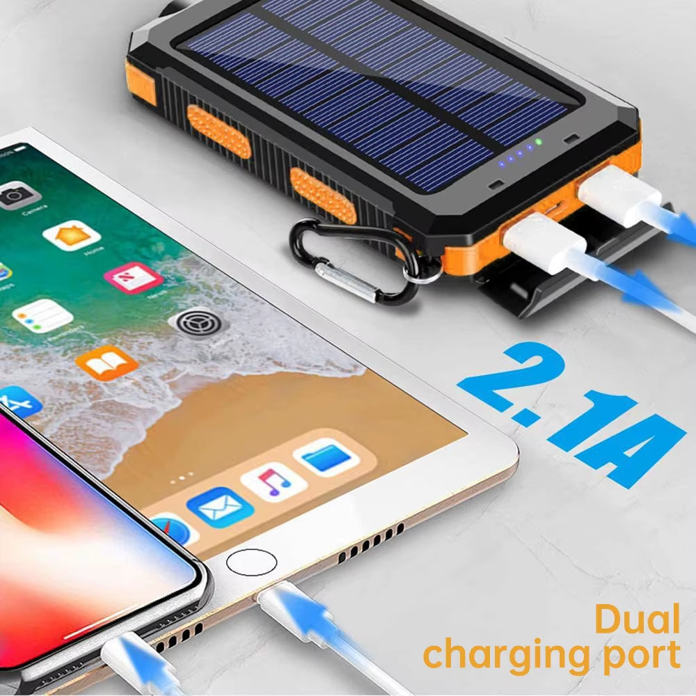 Orange Solar Power Bank 20000Mah Charging Portable Charger Phone External Battery with SOS Flashlight 2-USB Outdoor Power Bank