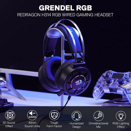 H314 RGB Gaming Headset - Wired Computer Headset with 40Mm Drivers, USB Connection, Lightweight Design, and Soft PU Lea