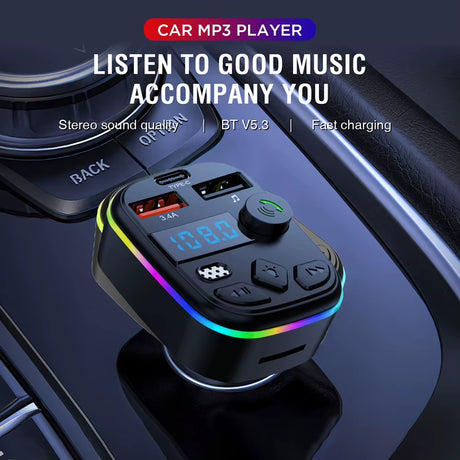 Hands Free Wireless Car Kit Car MP3 Player Bluetooth-Compatible 5.3 Support TF Card U Disk Cell Phone Charger Car FM Transmitter