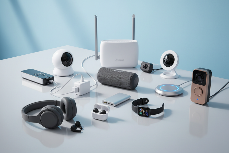 multiple smart devices on a table in a professional photo shoot. the items are, a headphone, earbuds, speaker, charger, power bank, smartwatch, security camera, charger stand, modem, dash cam, adapter,webcam,fingerprint lock, doorbell camera. items are on a table, the wall behind is light blue